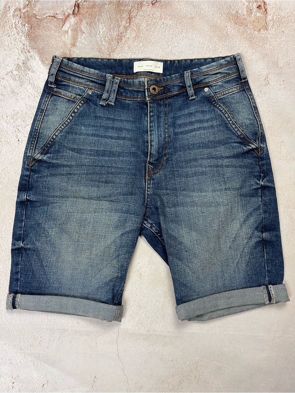 Zara Men's Medium Blue Denim Jean Shorts with Rolled Cuffs